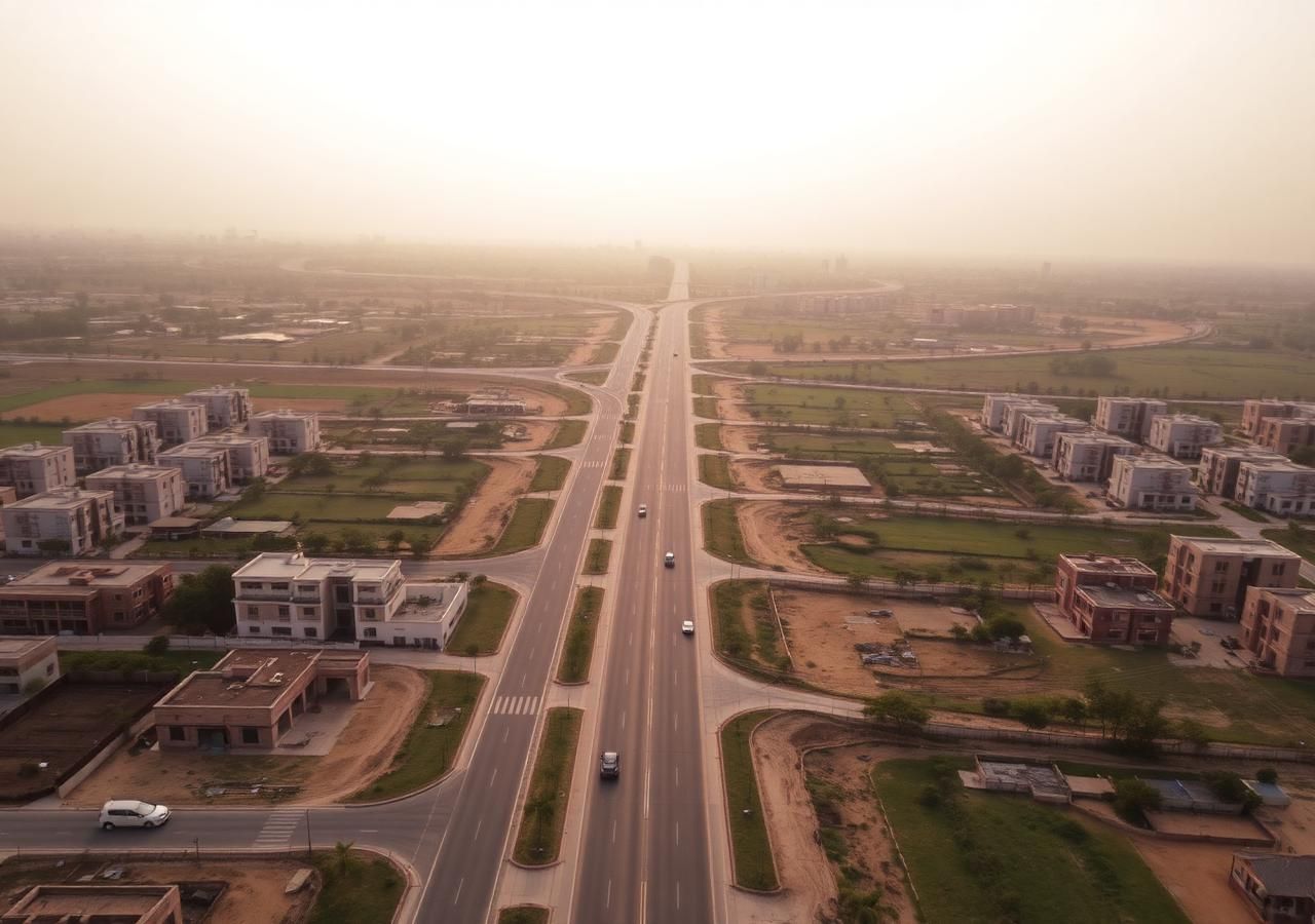 Aerial view of roads and development in DHA Phase 9 Town, Lahore