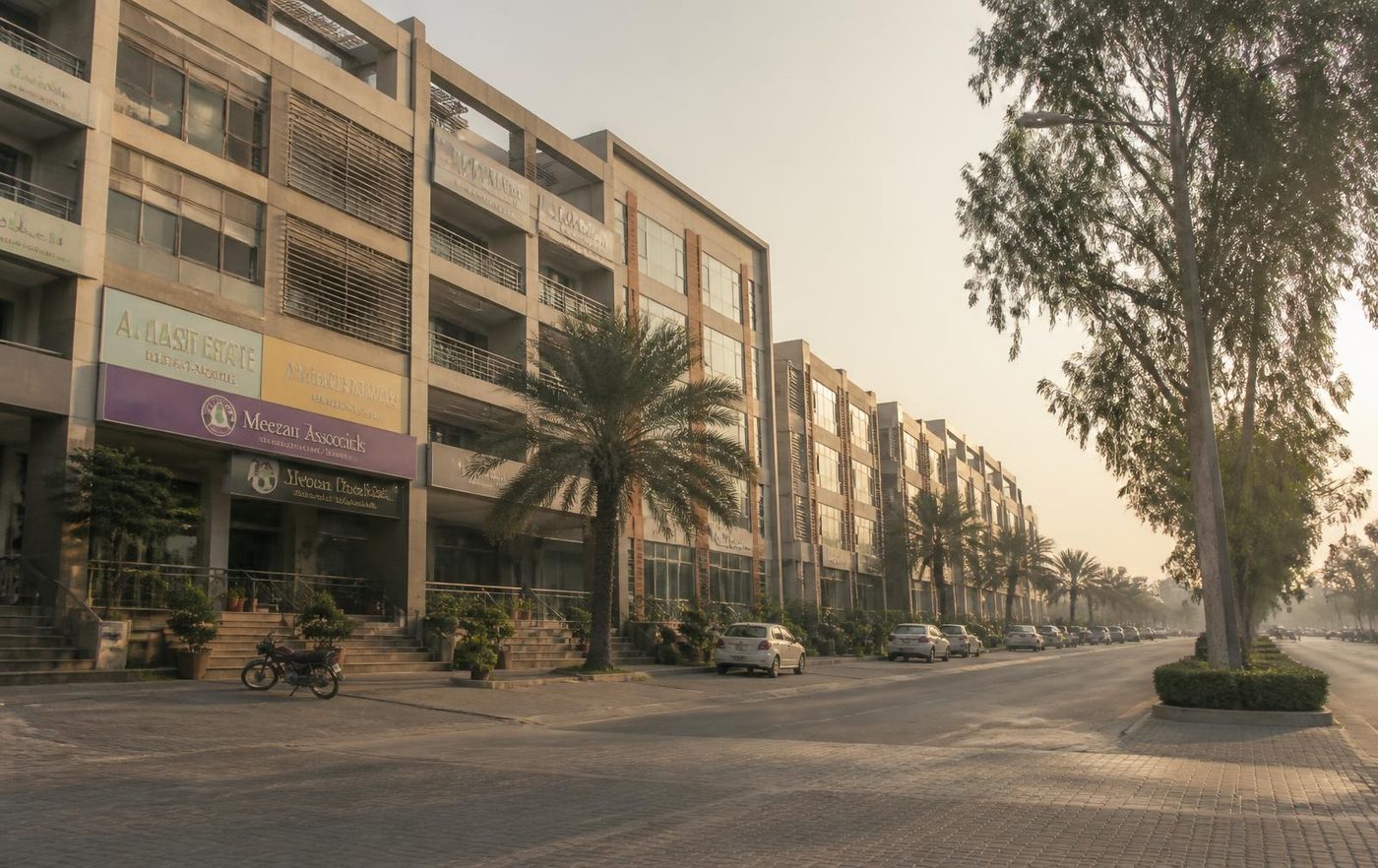 A commercial plaza street with retail and office units in Lahore
