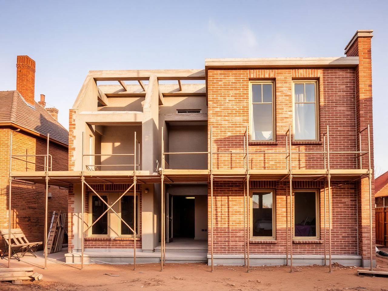 A residential property under construction with scaffolding