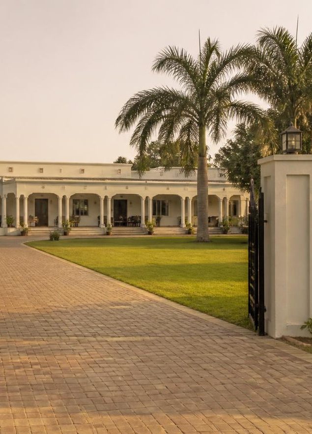 Palm-lined driveway and gated entrance of a farmhouse estate